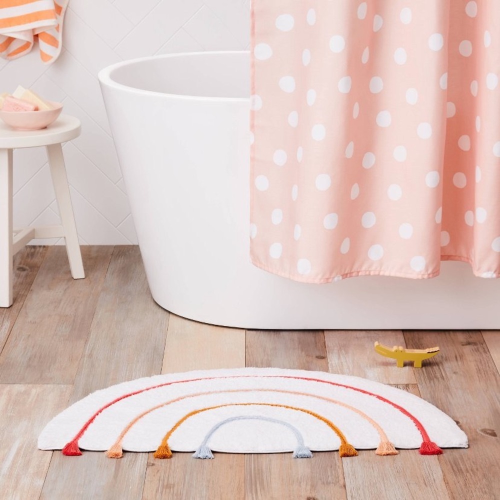 Pillowfort Rainbow Bath Mat - White with Red, Orange, Yellow, Blue Accents